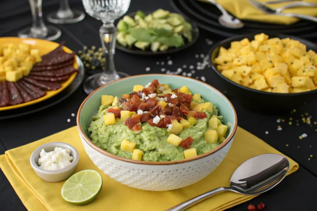 A bowl of green dip topped with diced mango and crispy bacon bits sits on a yellow napkin on a table with other dishes.