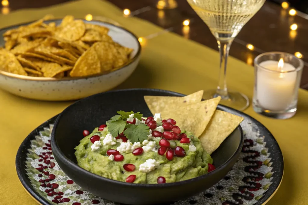 A bowl of guacamole topped with pomegranate seeds and feta cheese sits next to tortilla chips and a glass of champagne.