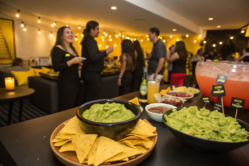 A table of appetizers including guacamole and tortilla chips sits in front of a party with blurred guests.