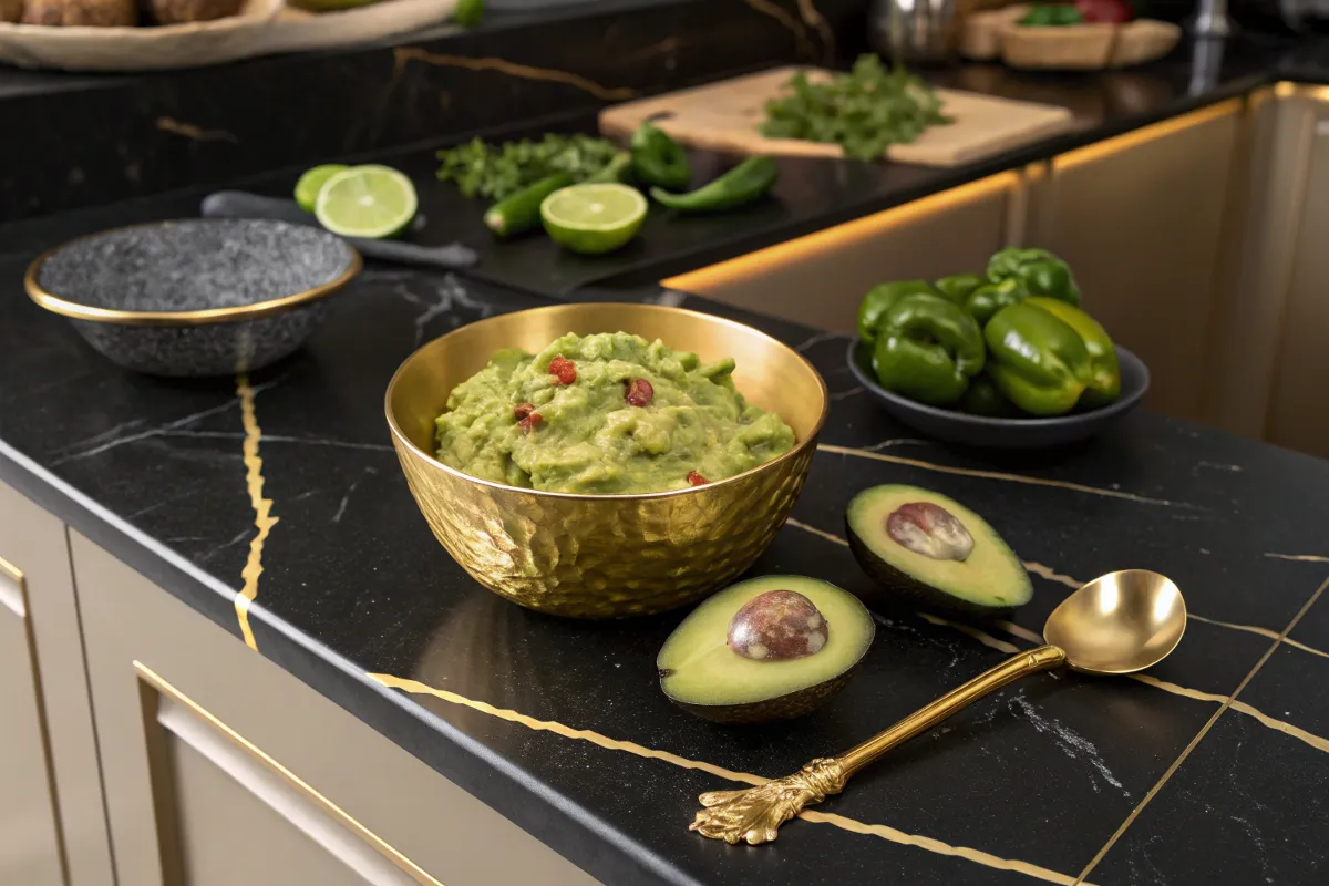 A gold bowl of guacamole sits on a marble countertop next to fresh avocado halves.