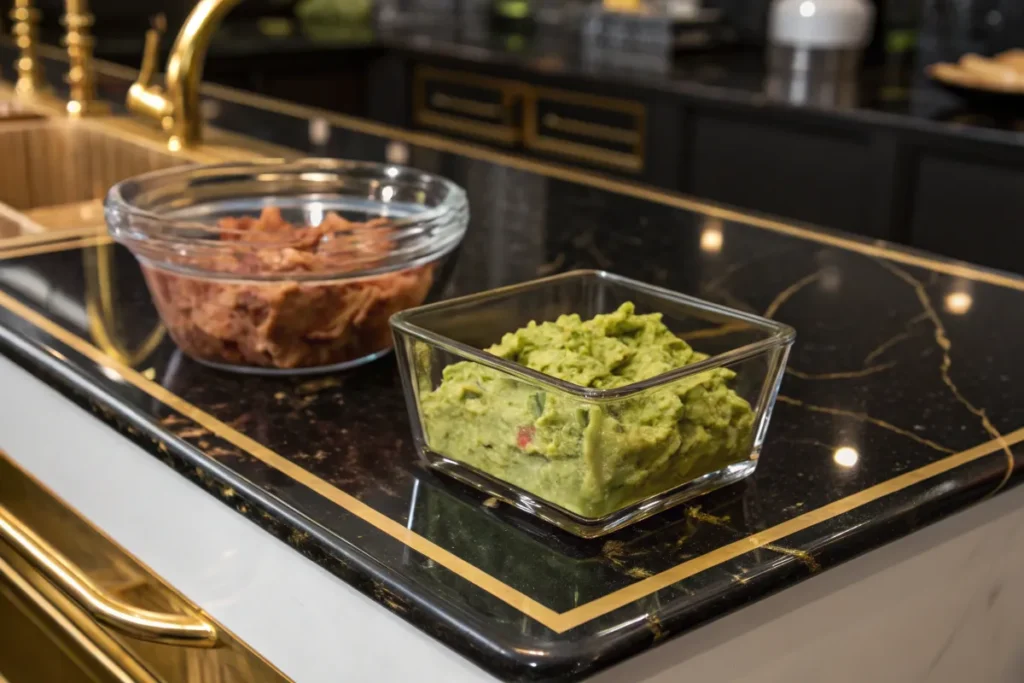 Guacamole and tortilla chips sit in glass bowls on a marble countertop.