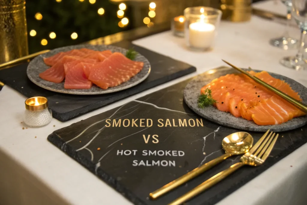 Two plates of salmon, one smoked and one hot smoked, are presented side-by-side on a table.