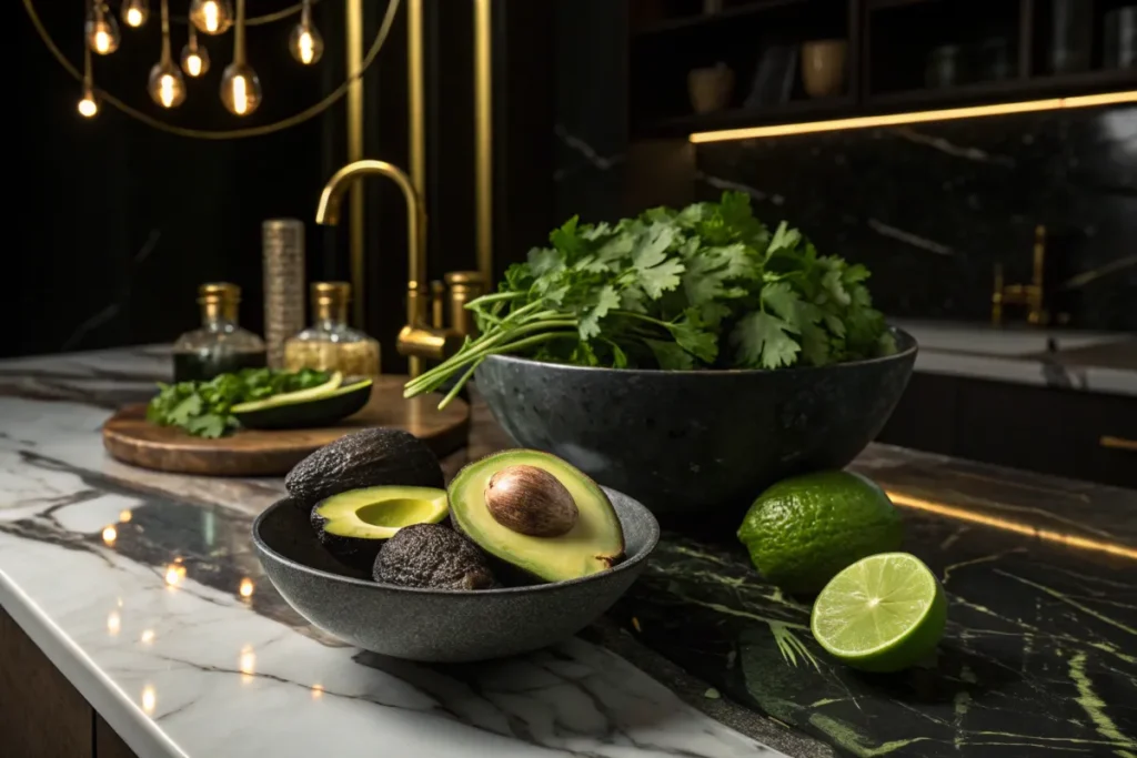 Avocados, limes, and cilantro sit on a marble countertop in a modern kitchen.