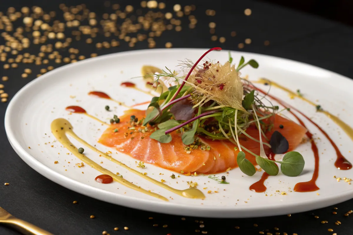Thinly sliced salmon sashimi is garnished with microgreens and sauces on a white plate.