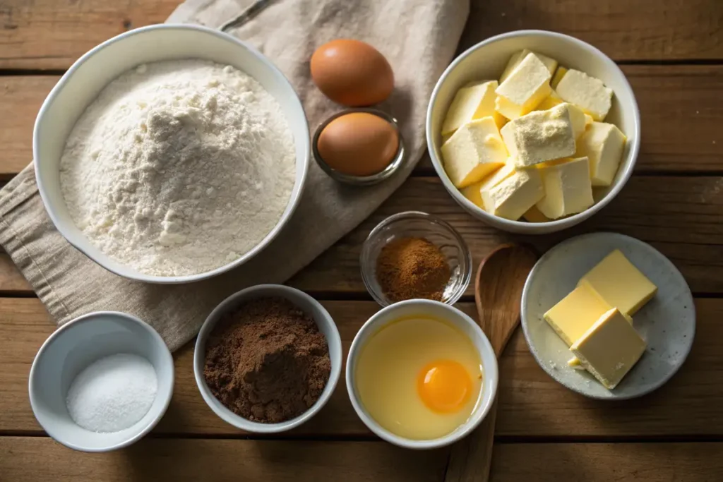 Bowls of flour, butter, sugar, eggs, cocoa powder, and spices are arranged on a wooden table.