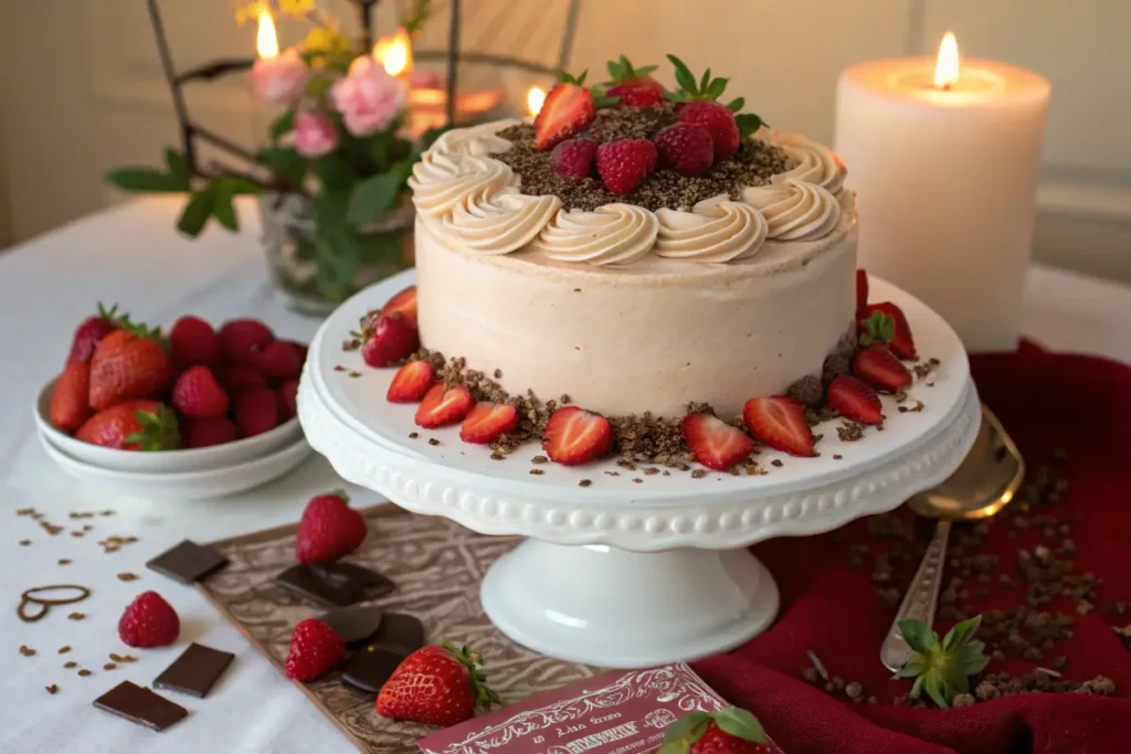A frosted layer cake decorated with strawberries, raspberries, and chocolate sits on a white cake stand.