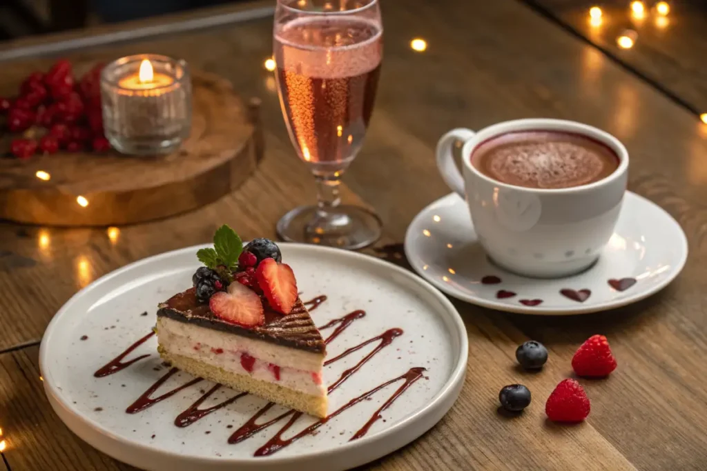 A slice of layered chocolate and cream  topped with fresh berries sits on a plate beside a glass of pink champagne and a cup of hot cocoa.