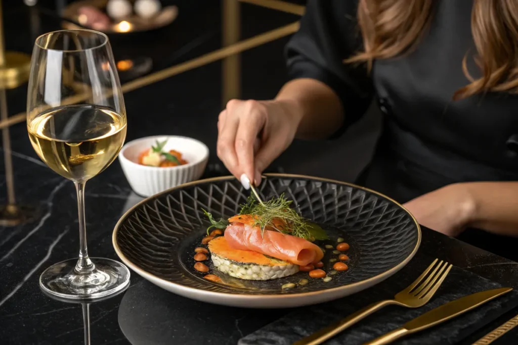 A person uses a small fork to arrange a piece of salmon on a plated dish.