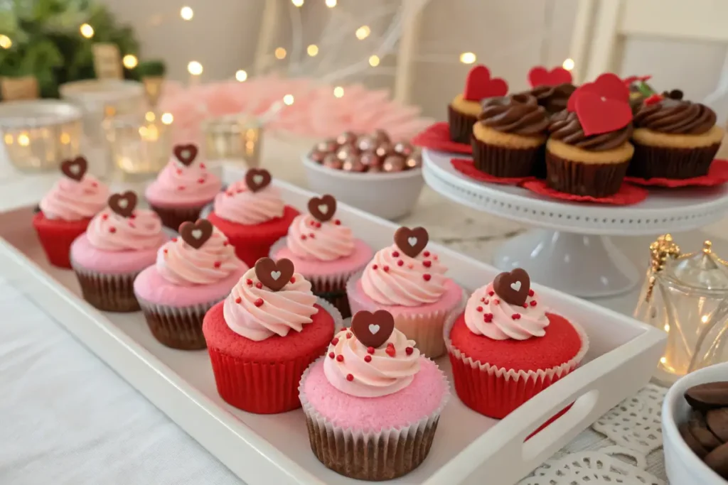 Red and pink Valentine's Day cupcakes decorated with small hearts are displayed on a white tray.