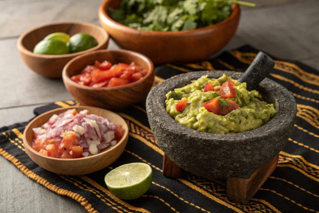 A molcajete filled with fresh guacamole sits on a table next to bowls of chopped tomatoes, onions, cilantro, and limes.