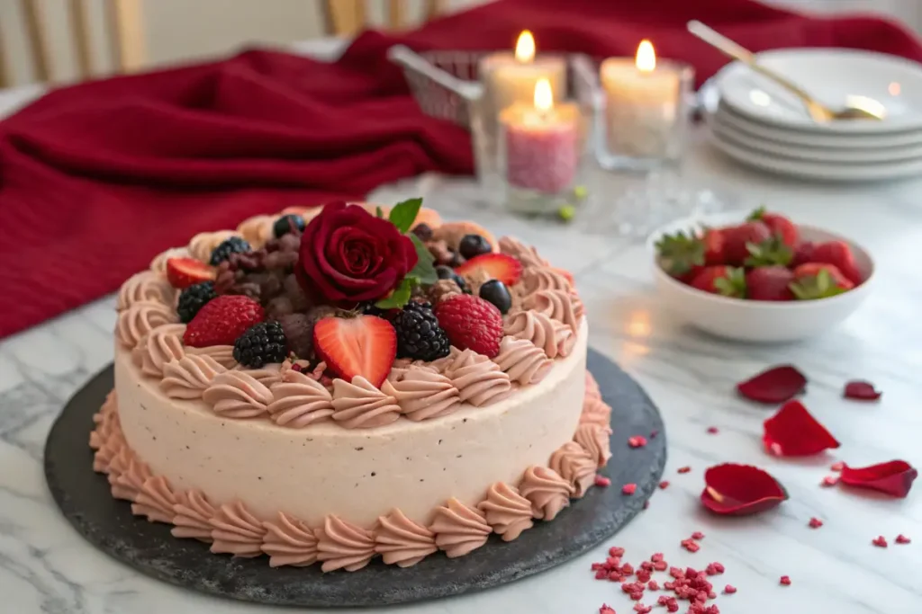 A pink frosted cake decorated with fresh berries and a single red rose sits on a dark plate on a marble table.