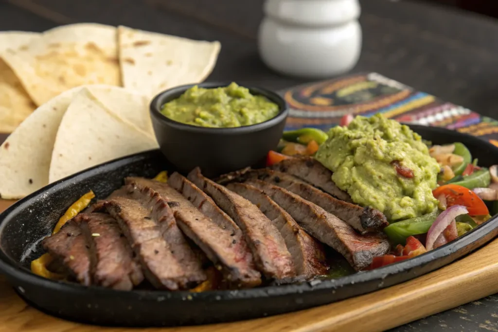 Sizzling fajitas with sliced steak, guacamole, and flour tortillas are served on a black platter.