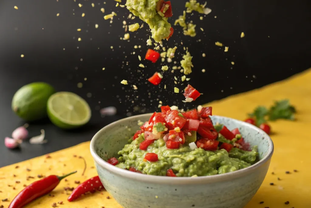 A bowl of guacamole is topped with pico de gallo as more ingredients are sprinkled on top.