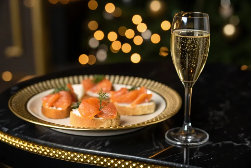Smoked salmon canapés topped with dill are presented on a plate next to a glass of champagne.