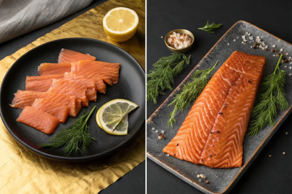 Smoked salmon is presented on a black plate, sliced and as a whole fillet.
