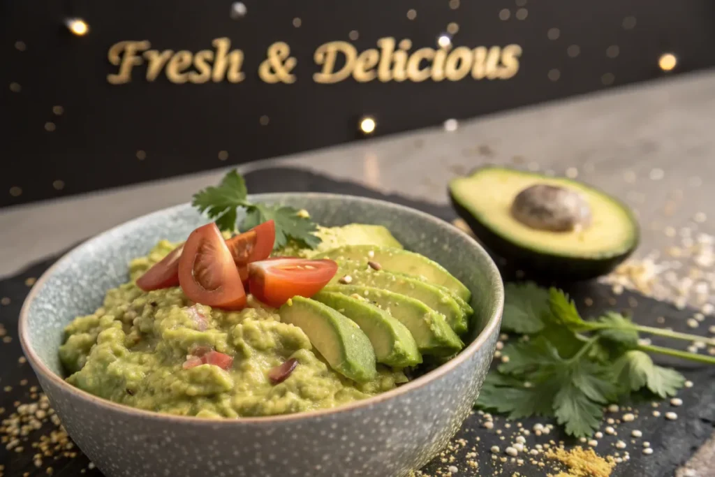 A bowl of fresh guacamole is topped with sliced avocado, chopped tomatoes, and cilantro.