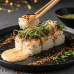Chopsticks pick up a piece of sushi from a roll topped with greens and spices.