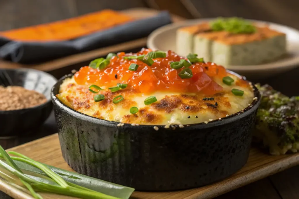 A small, black bowl contains a cheesy, baked dish topped with bright orange fish roe and chopped green onions.