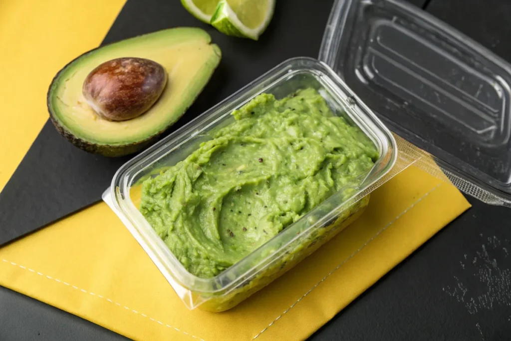 A plastic container of fresh guacamole sits open next to half an avocado and lime wedges.