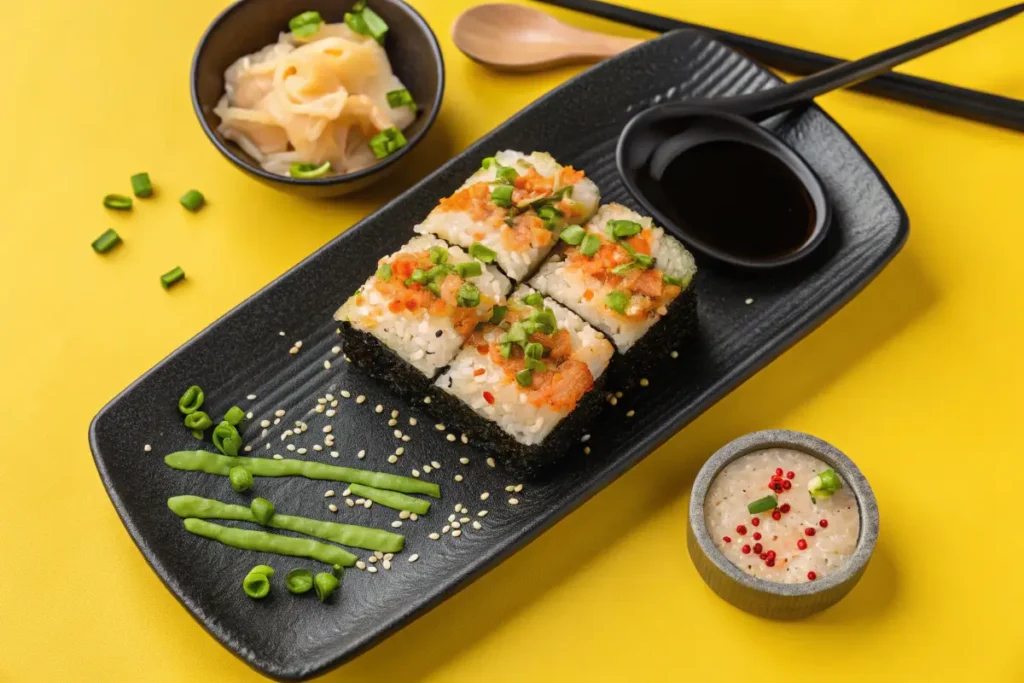 Four pieces of  sushi topped with chopped green onions sit on a black rectangular plate with soy  wasabi on the side.