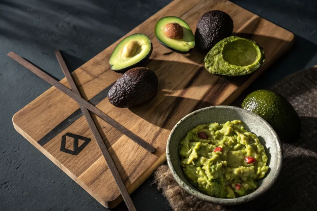 A wooden cutting board with fresh avocados and a bowl of guacamole.