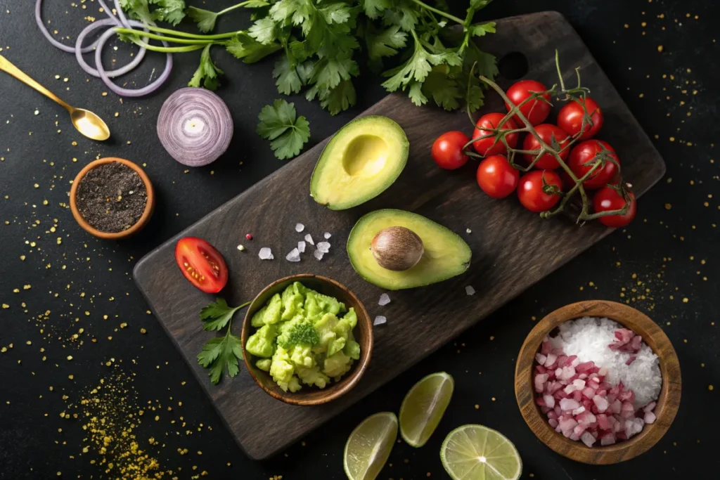 Fresh ingredients for guacamole are arranged on a dark surface.