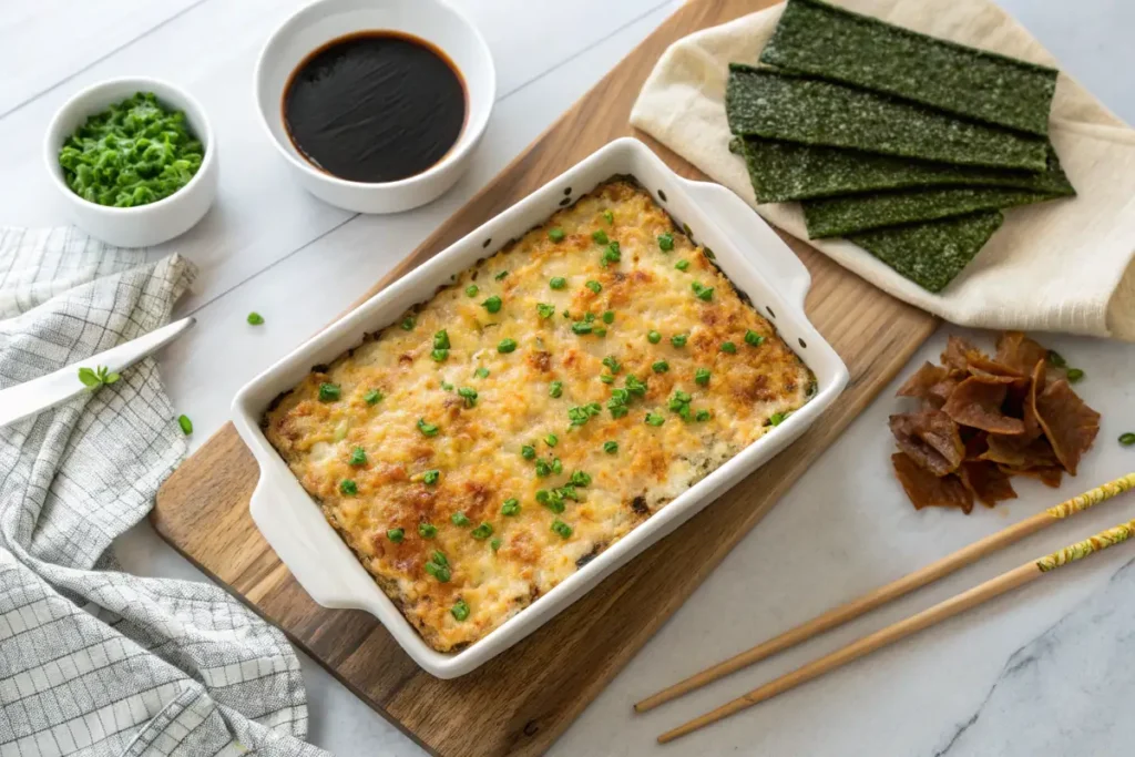 A rectangular  dish filled with a cheesy, baked dish topped with green onions sits on a wooden cutting board.