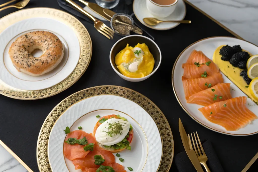 A table is set with plates of smoked salmon, scrambled eggs, caviar, a bagel, and a cup of tea.