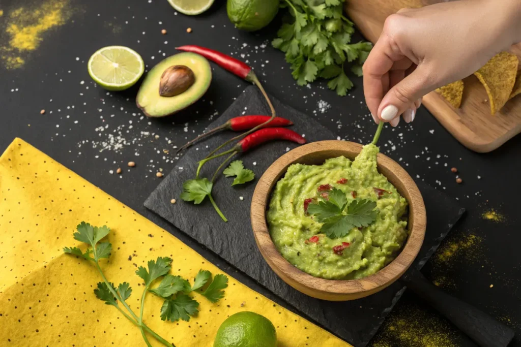 How Do You Spice Up a Bland Guacamole?: A hand dips a cilantro sprig into a wooden bowl of guacamole.