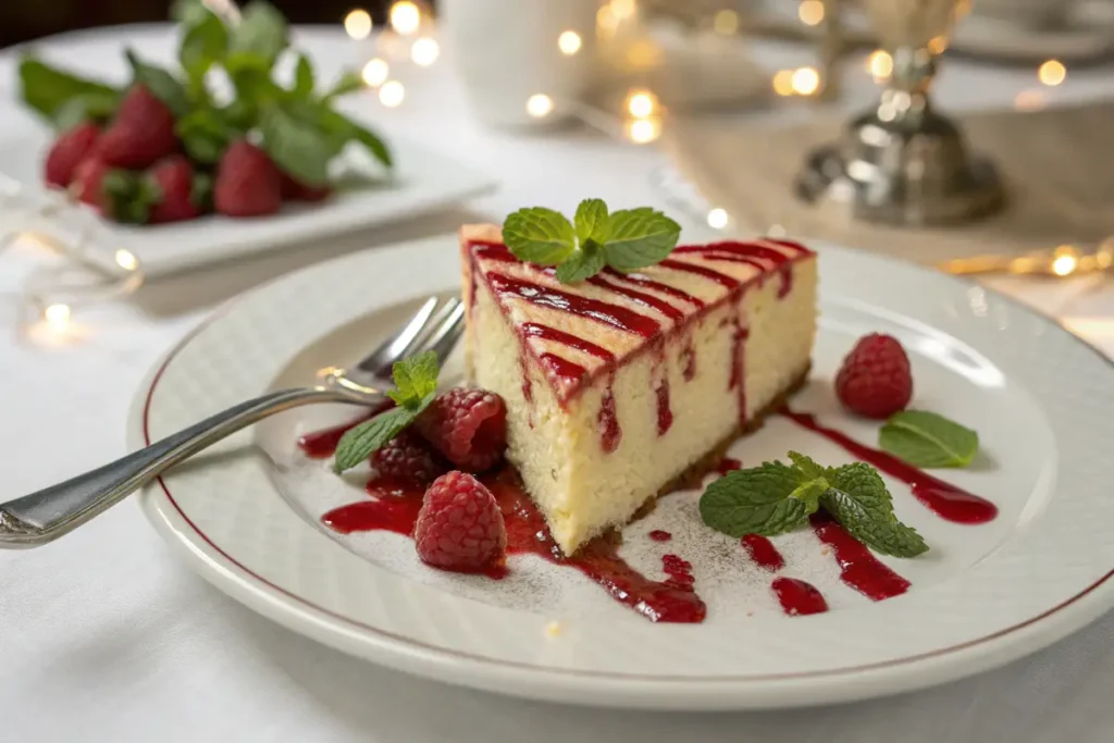 A slice of cheesecake topped with raspberry sauce and fresh mint sits on a white plate with a fork.
