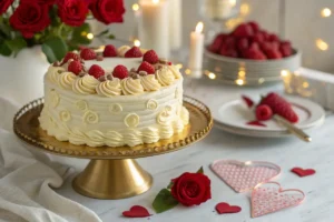 A white frosted cake decorated with raspberries and chocolate sits on a gold cake stand.