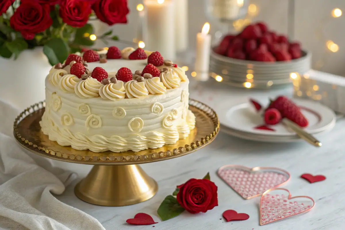 A white frosted cake decorated with raspberries and chocolate sits on a gold cake stand.