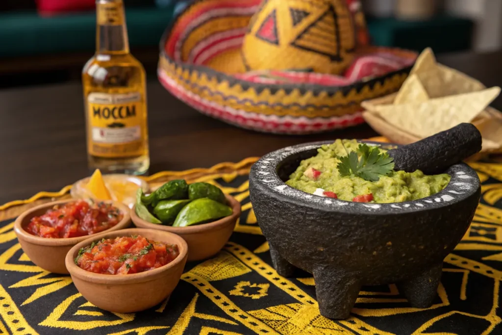 A molcajete filled with guacamole sits on a table with tortilla chips, salsa, pickled jalapeños, and a bottle of Mexican beer.