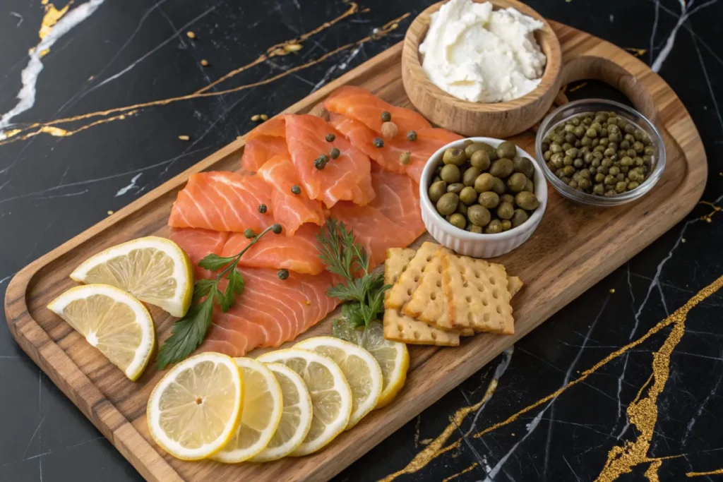 Smoked salmon platter with cream cheese, capers, crackers, and lemon slices.