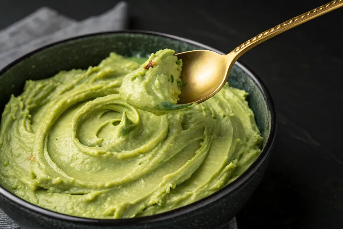 A gold spoon scoops creamy, light green avocado dip or spread from a dark bowl.