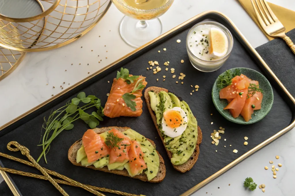 A black and gold tray holds smoked salmon, avocado toast, and a small cup of sauce.