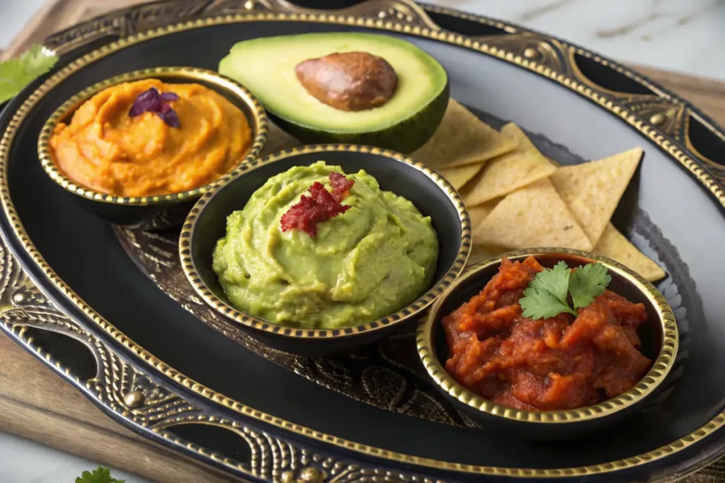 A decorative tray holds bowls , salsa, hummus, tortilla chips, and half an avocado.