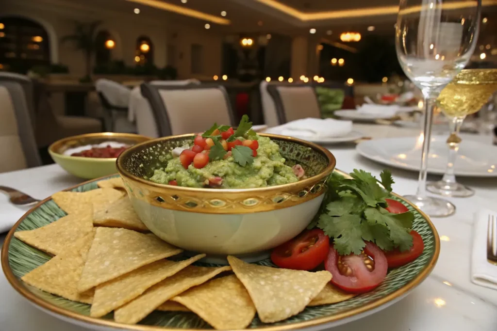 A bowl  topped with pomegranate seeds sits on a plate with tortilla chips, cilantro, and tomato slices.