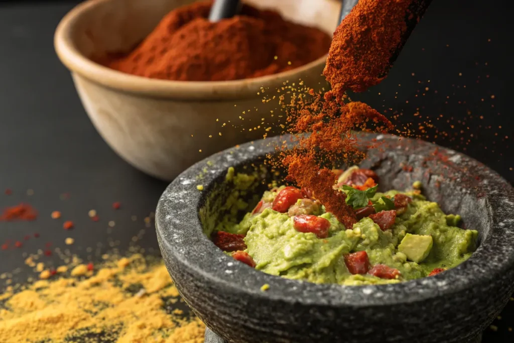 How Do You Spice Up a Bland Guacamole? :Smoked paprika is being sprinkled onto a bowl of guacamole.