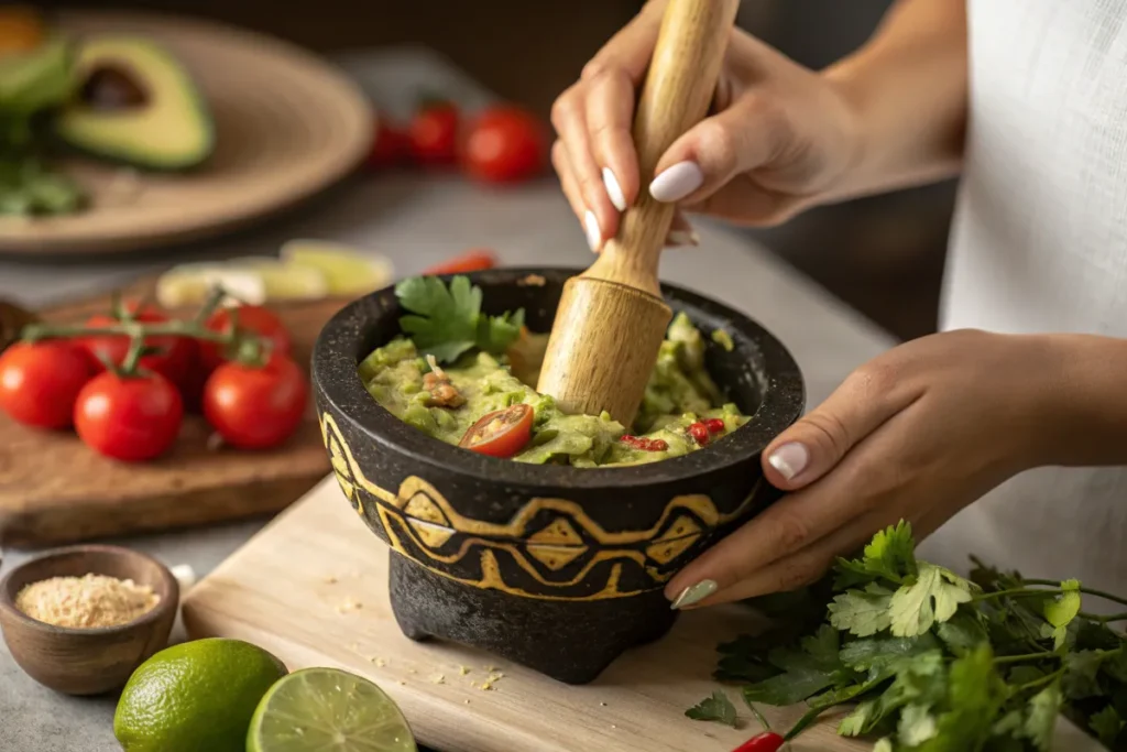 Hands use a wooden pestle to mash avocado in a molcajete.