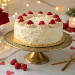 A white, frosted cake decorated with raspberries sits on a gold cake stand.