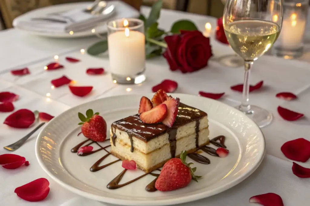 A slice of layered dessert topped with chocolate and strawberries sits on a white plate on a romantic table.