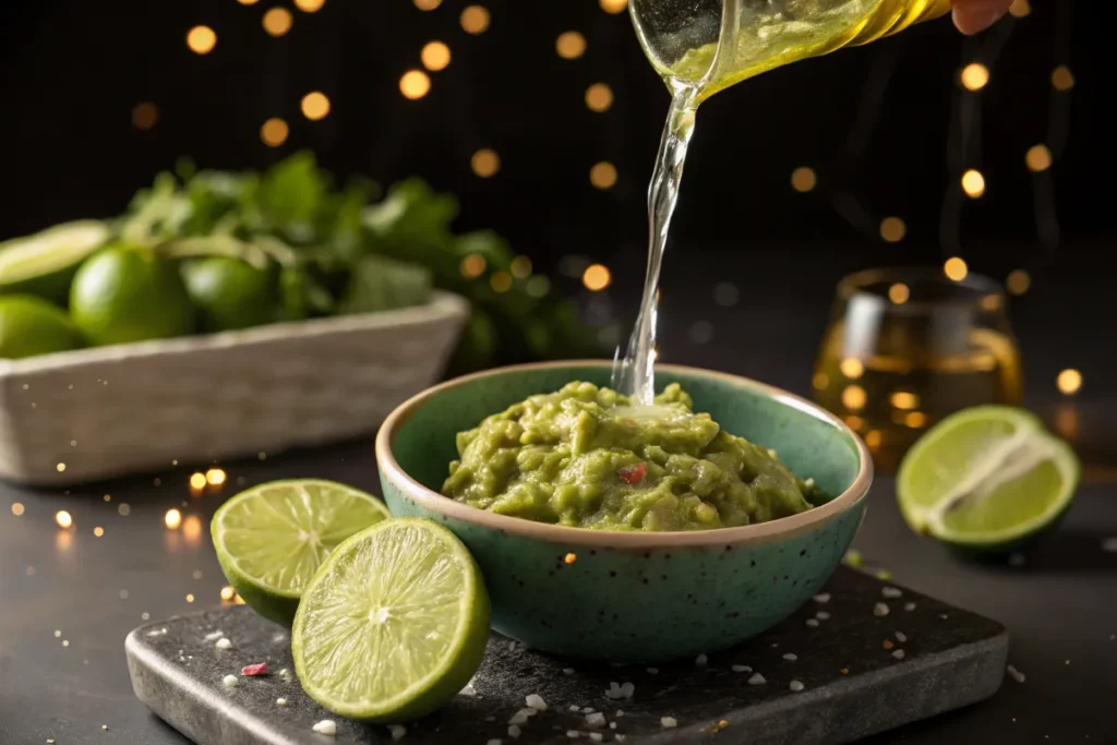 A bowl of guacamole is being drizzled with oil, with limes, cilantro, and a glass of tequila in the background.